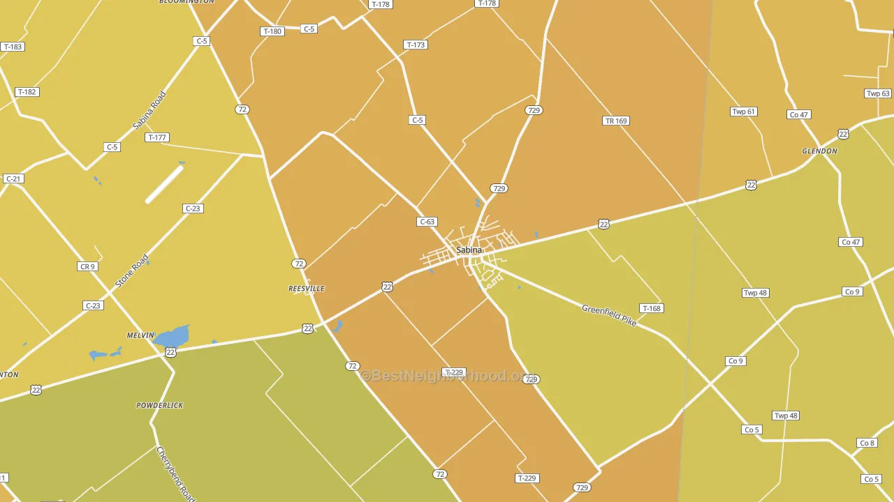 Map of the best neighborhoods in the 45169 area, with better matches in green and worse matches in red