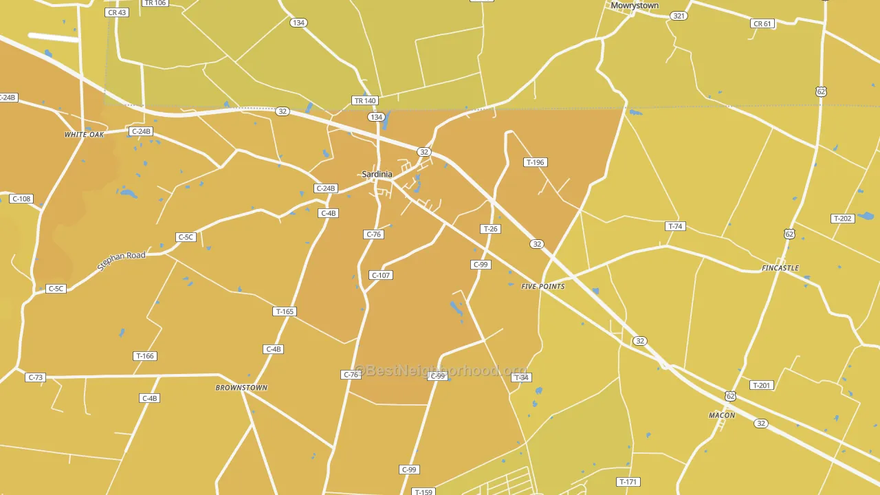 Map of the best neighborhoods in the 45171 area, with better matches in green and worse matches in red
