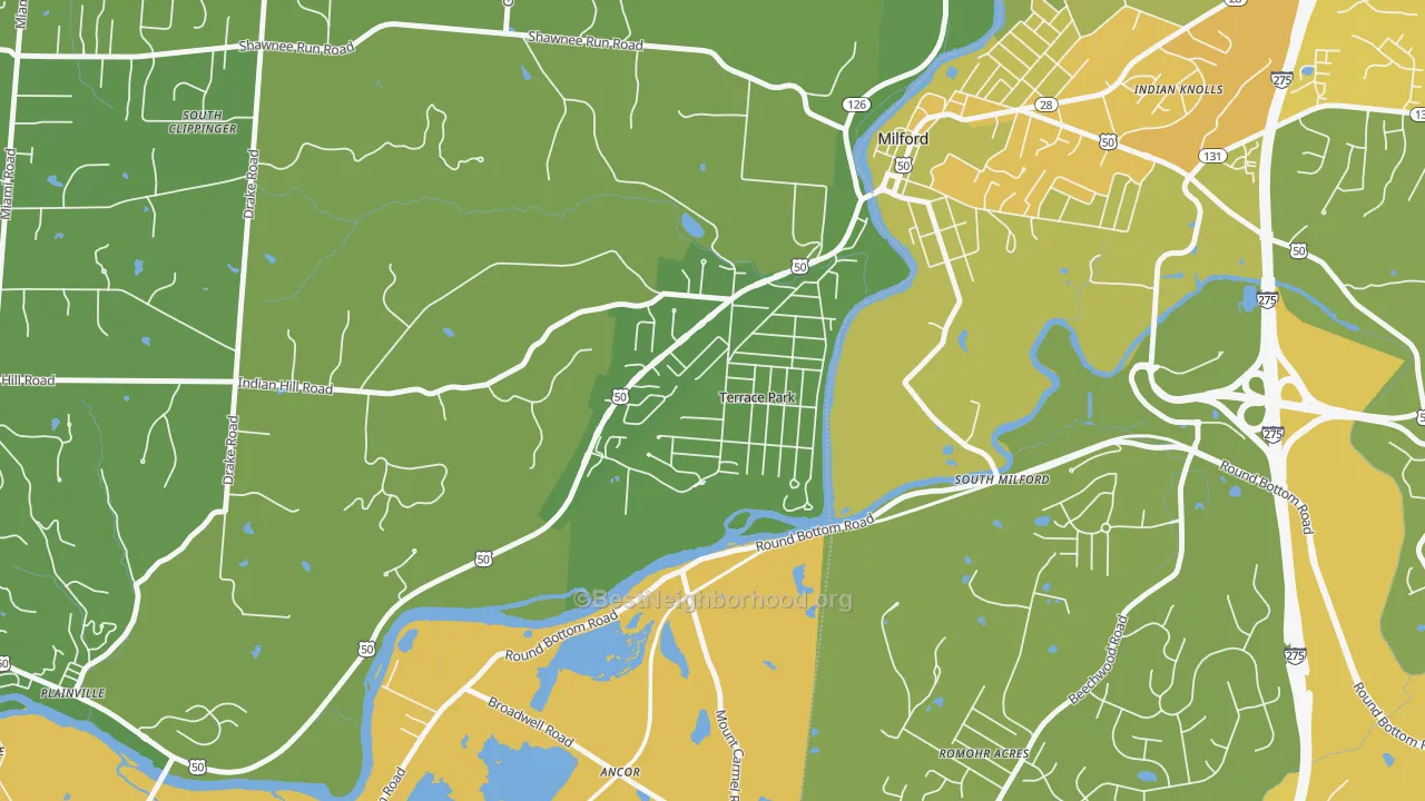 Map of the best neighborhoods in the 45174 area, with better matches in green and worse matches in red
