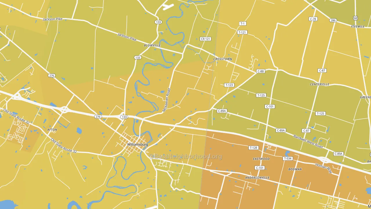 Map of the best neighborhoods in the 45176 area, with better matches in green and worse matches in red