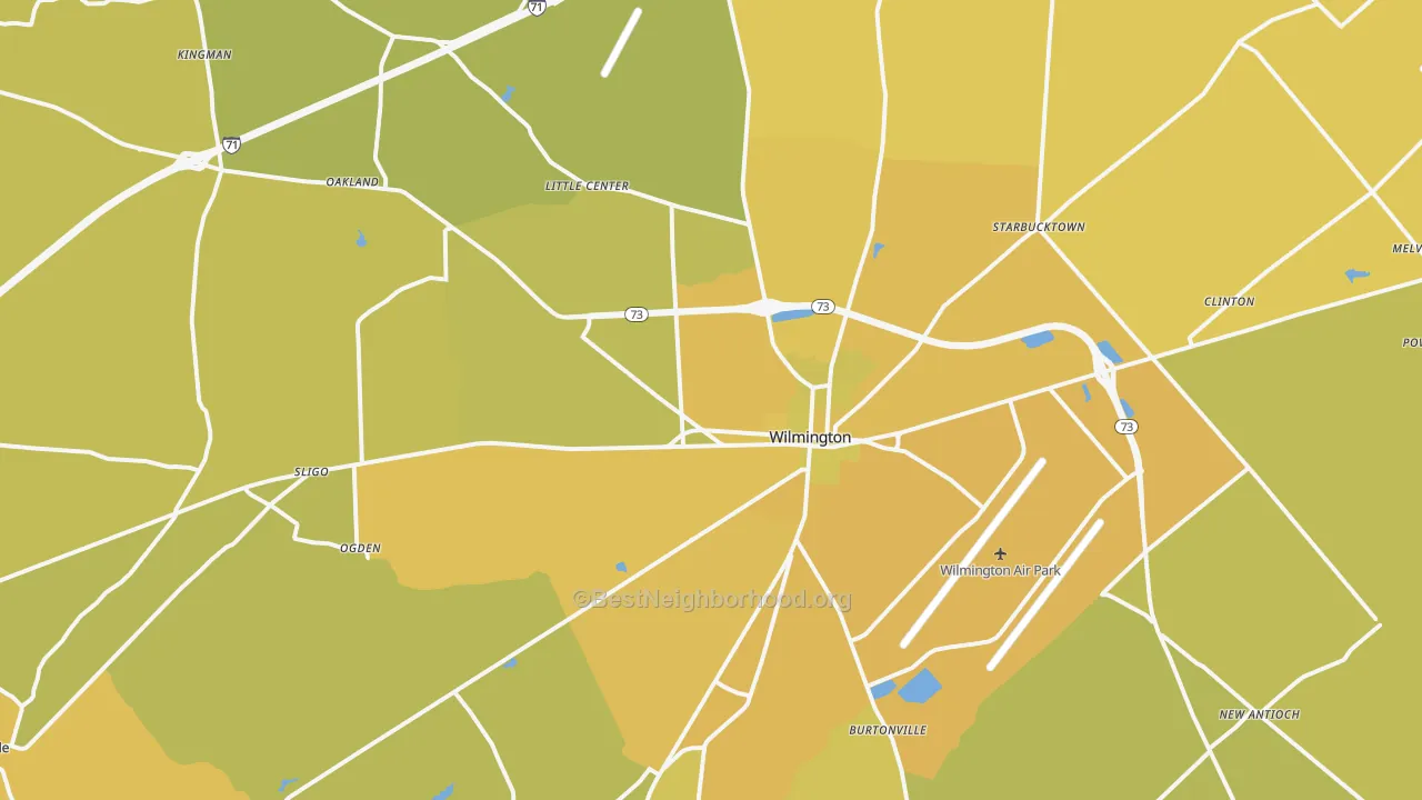 Map of the best neighborhoods in the 45177 area, with better matches in green and worse matches in red