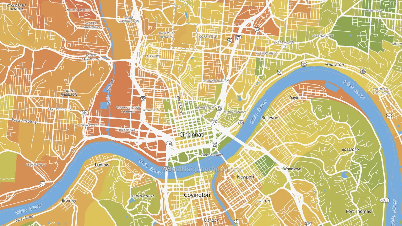 Map of the best neighborhoods in the 45202 area, with better matches in green and worse matches in red
