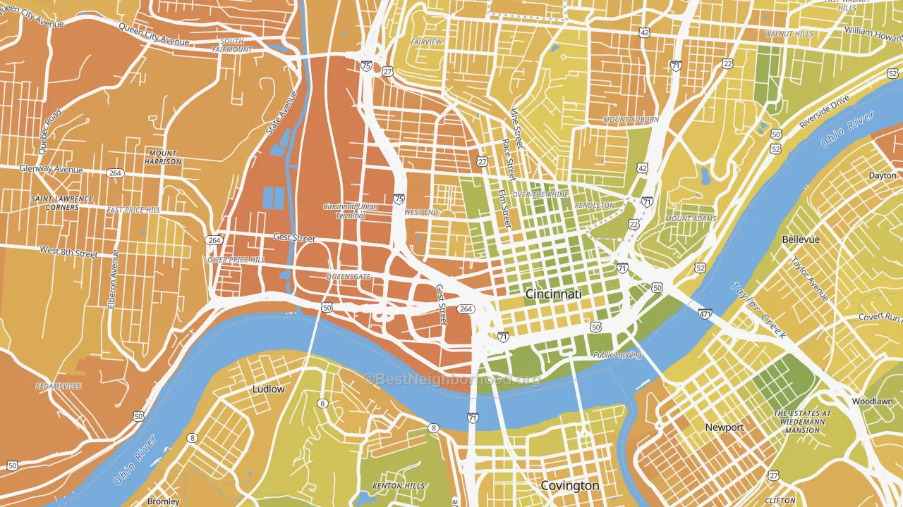 Map of the best neighborhoods in the 45203 area, with better matches in green and worse matches in red