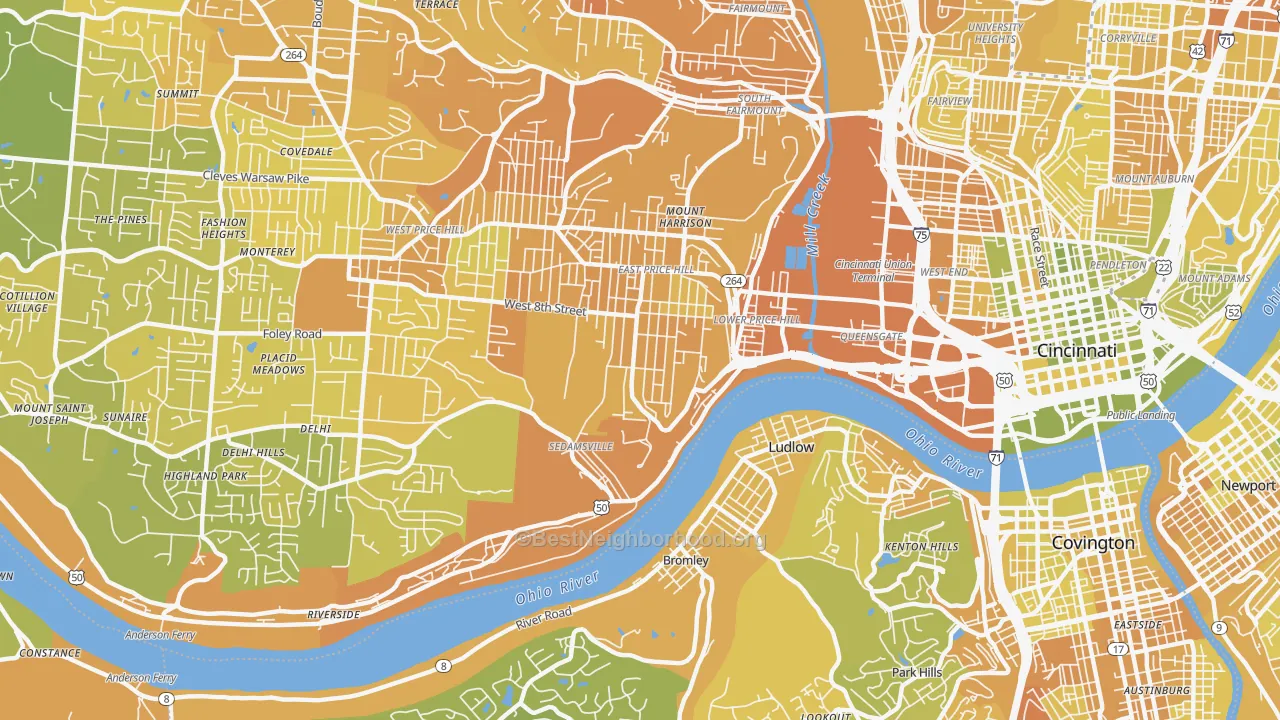 Map of the best neighborhoods in the 45204 area, with better matches in green and worse matches in red