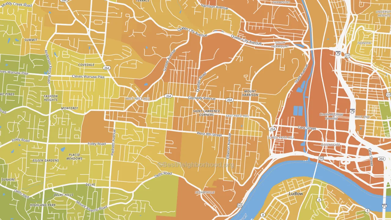 Map of the best neighborhoods in the 45205 area, with better matches in green and worse matches in red