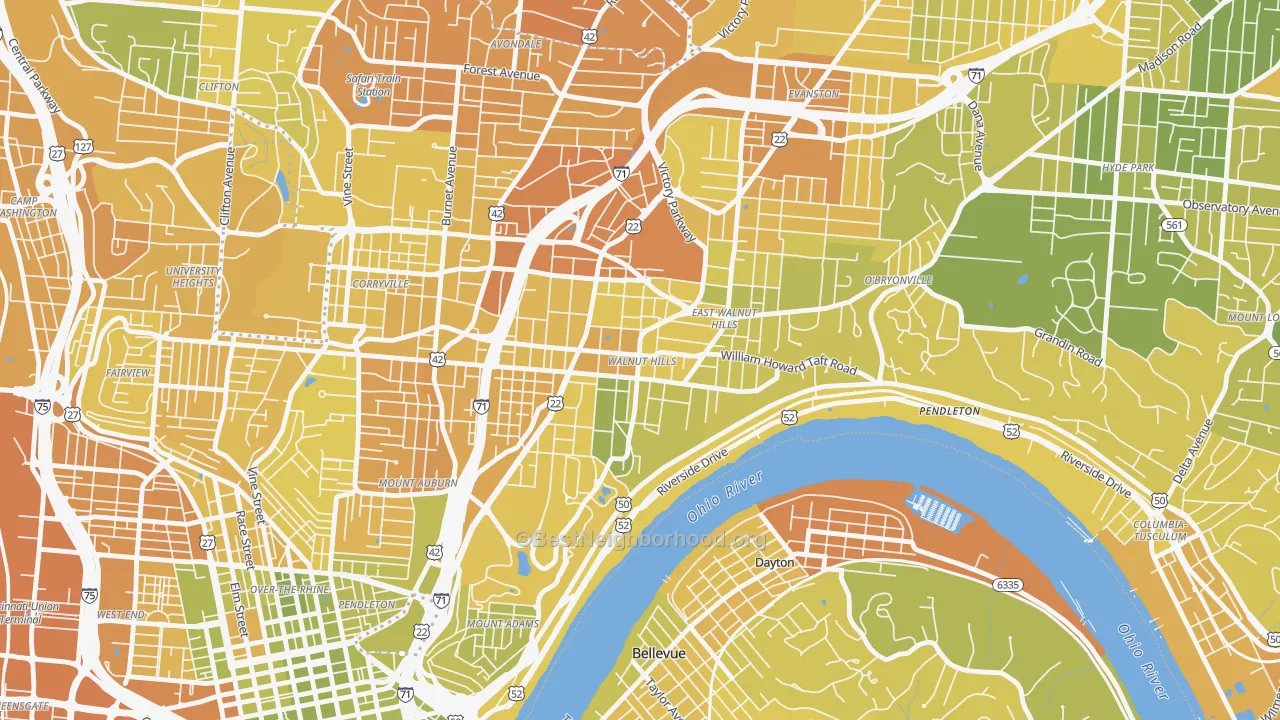 Map of the best neighborhoods in the 45206 area, with better matches in green and worse matches in red