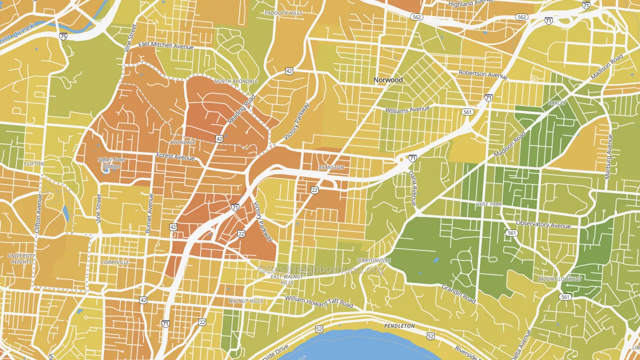 Map of the best neighborhoods in the 45207 area, with better matches in green and worse matches in red