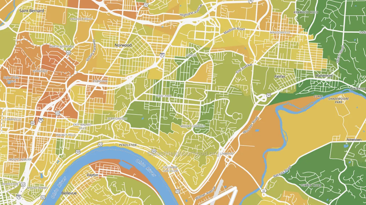 Map of the best neighborhoods in the 45208 area, with better matches in green and worse matches in red