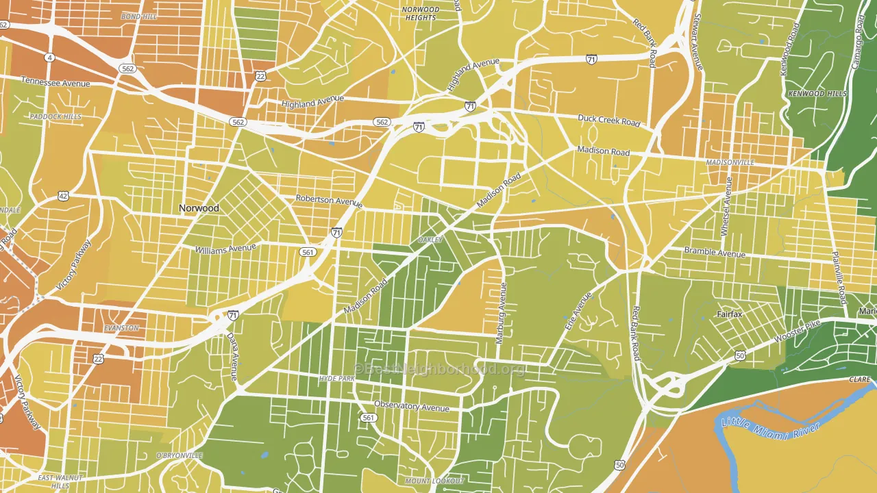Map of the best neighborhoods in the 45209 area, with better matches in green and worse matches in red