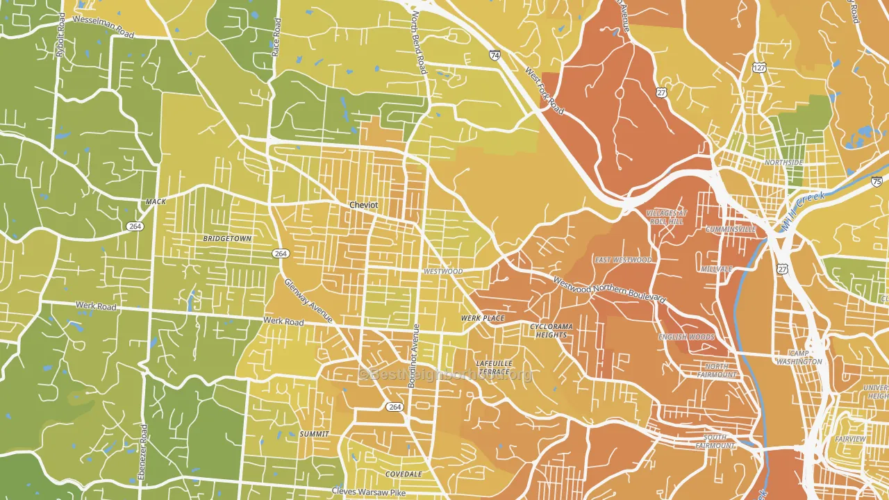 Map of the best neighborhoods in the 45211 area, with better matches in green and worse matches in red