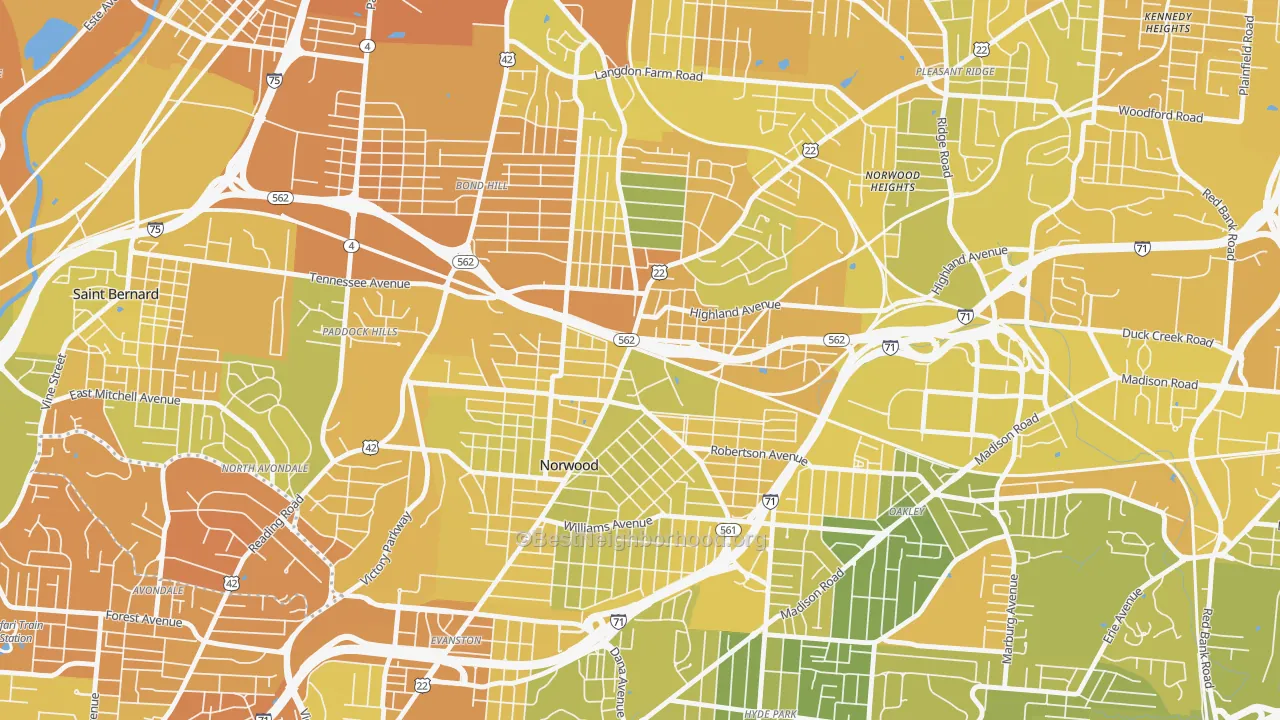 Map of the best neighborhoods in the 45212 area, with better matches in green and worse matches in red