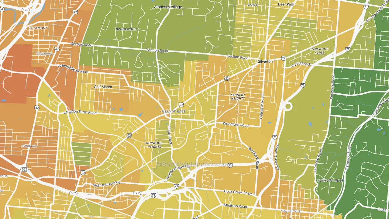 Map of the best neighborhoods in the 45213 area, with better matches in green and worse matches in red
