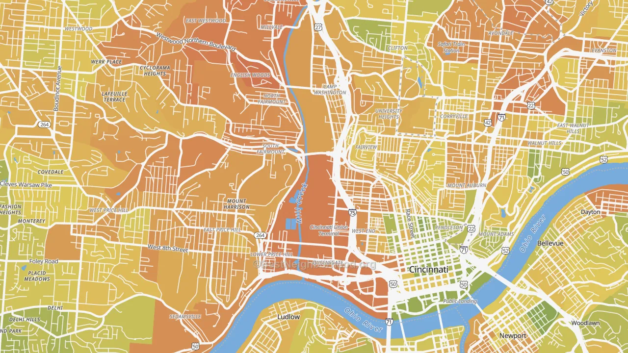 Map of the best neighborhoods in the 45214 area, with better matches in green and worse matches in red