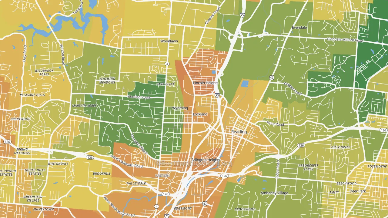 Map of the best neighborhoods in the 45215 area, with better matches in green and worse matches in red
