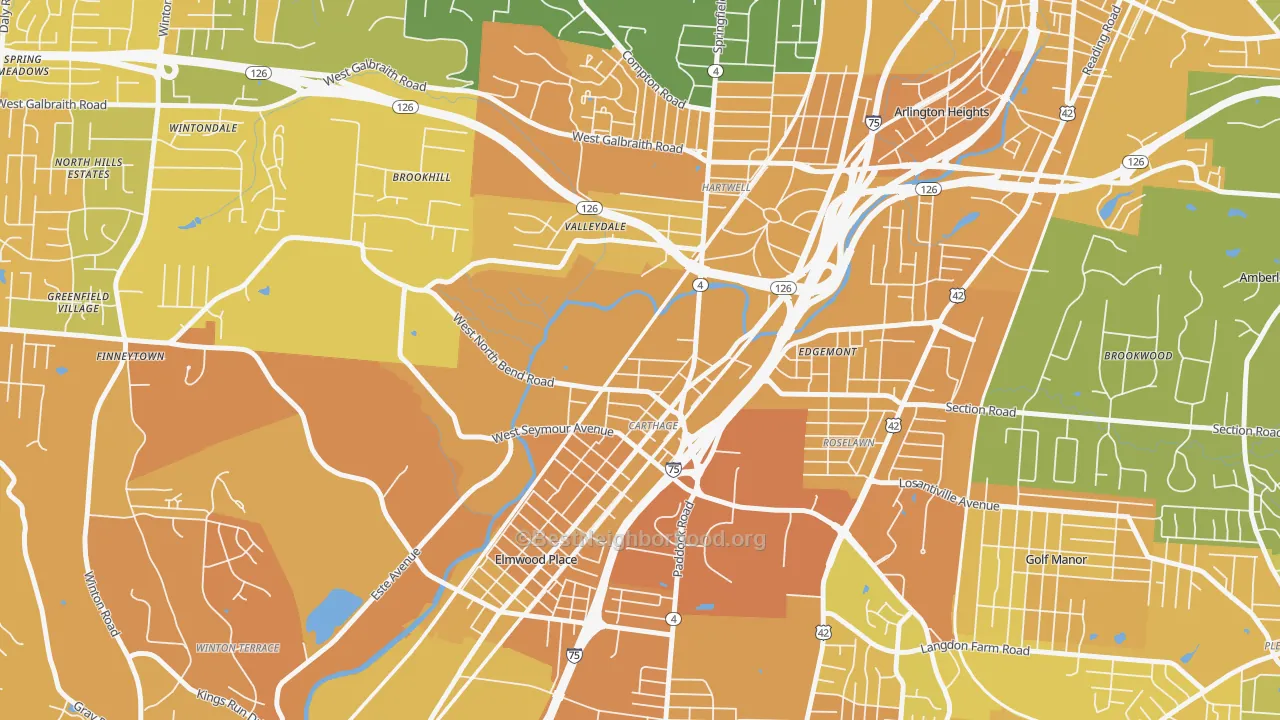 Map of the best neighborhoods in the 45216 area, with better matches in green and worse matches in red