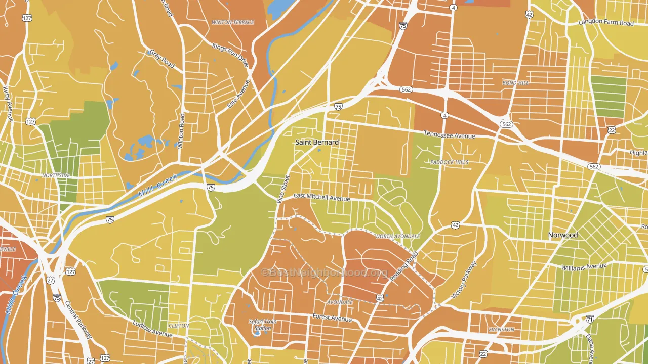 Map of the best neighborhoods in the 45217 area, with better matches in green and worse matches in red