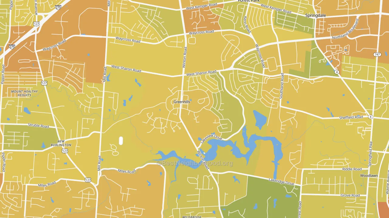 Map of the best neighborhoods in the 45218 area, with better matches in green and worse matches in red