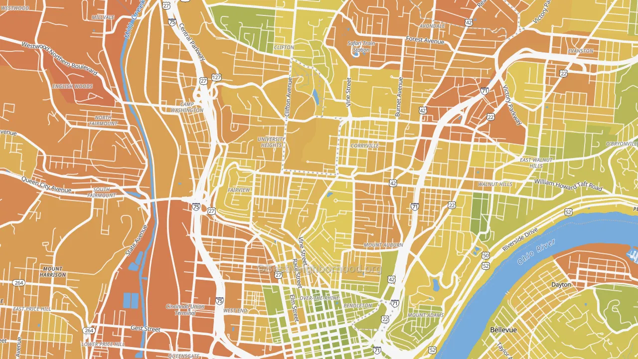 Map of the best neighborhoods in the 45219 area, with better matches in green and worse matches in red