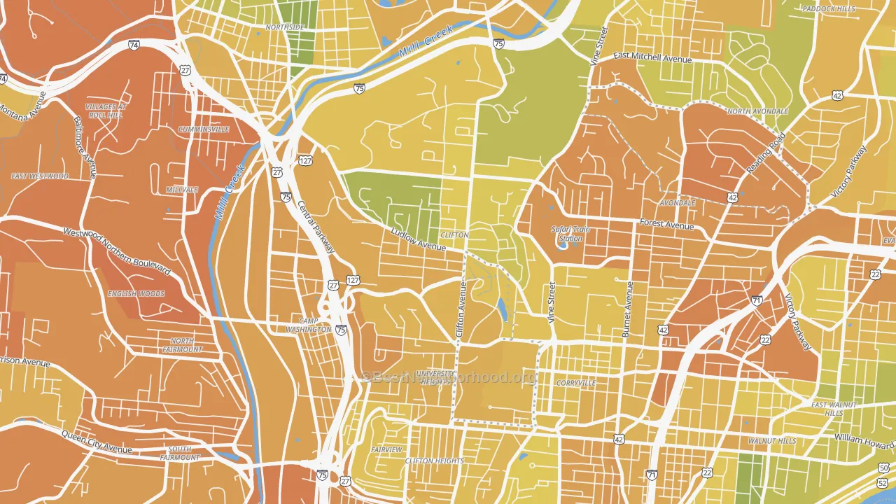 Map of the best neighborhoods in the 45220 area, with better matches in green and worse matches in red