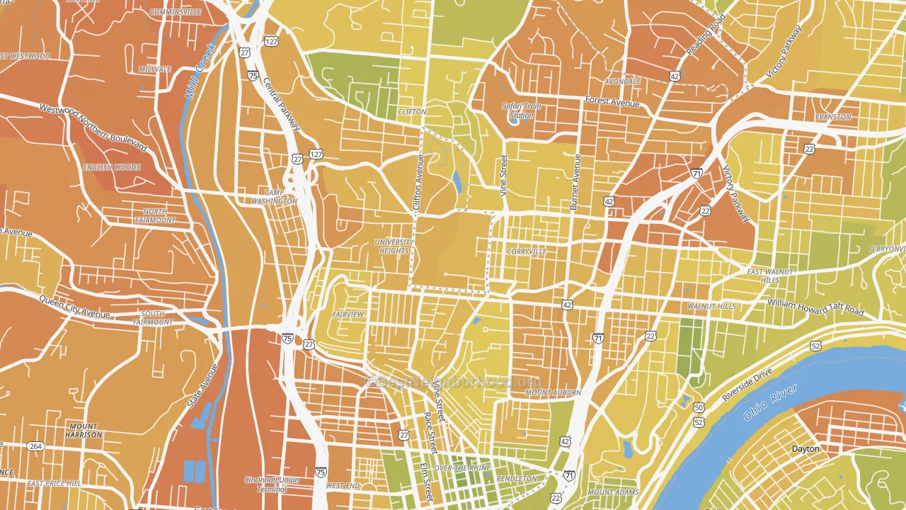 Map of the best neighborhoods in the 45221 area, with better matches in green and worse matches in red