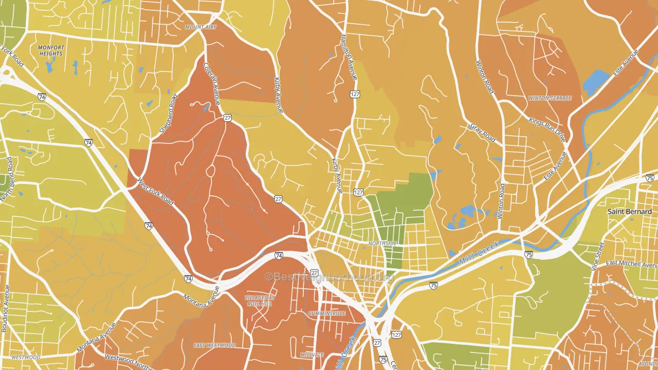 Map of the best neighborhoods in the 45223 area, with better matches in green and worse matches in red