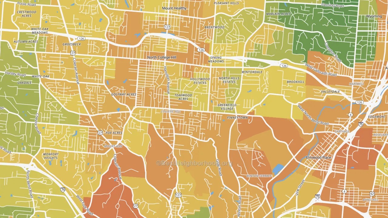 Map of the best neighborhoods in the 45224 area, with better matches in green and worse matches in red