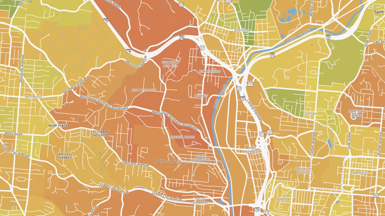 Map of the best neighborhoods in the 45225 area, with better matches in green and worse matches in red