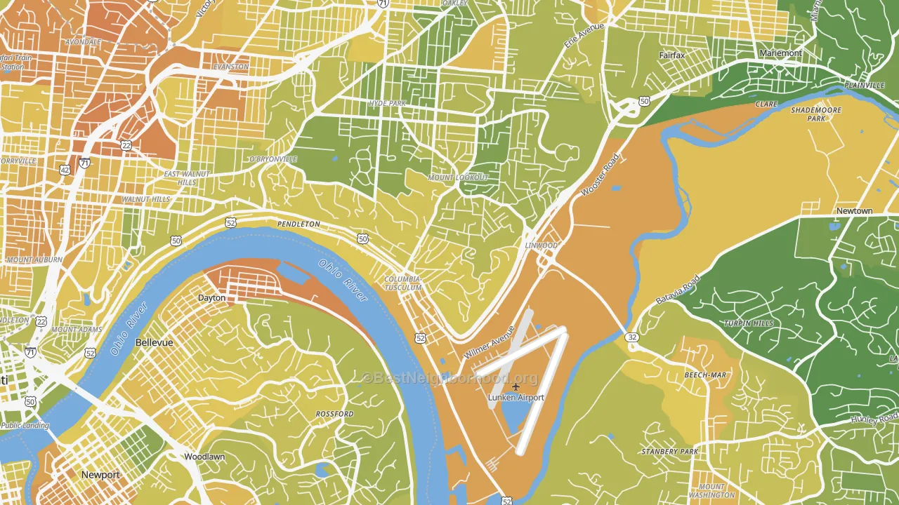 Map of the best neighborhoods in the 45226 area, with better matches in green and worse matches in red