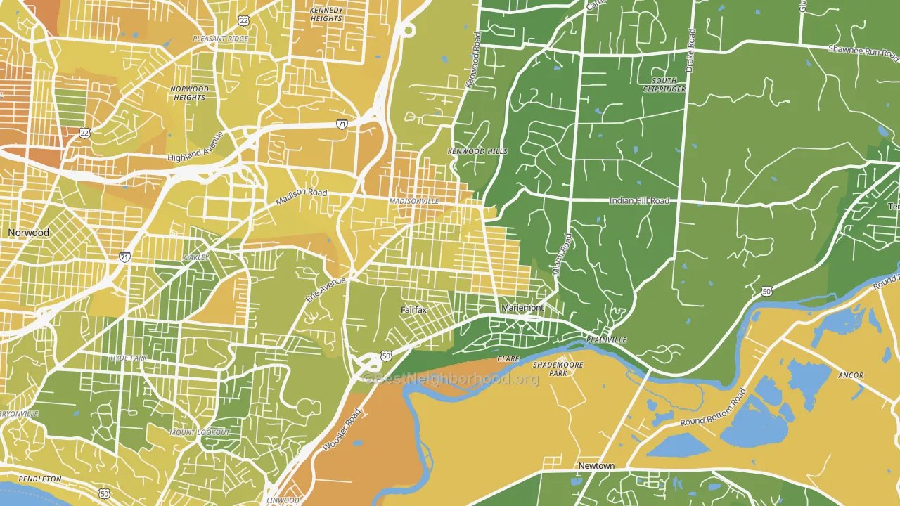 Map of the best neighborhoods in the 45227 area, with better matches in green and worse matches in red
