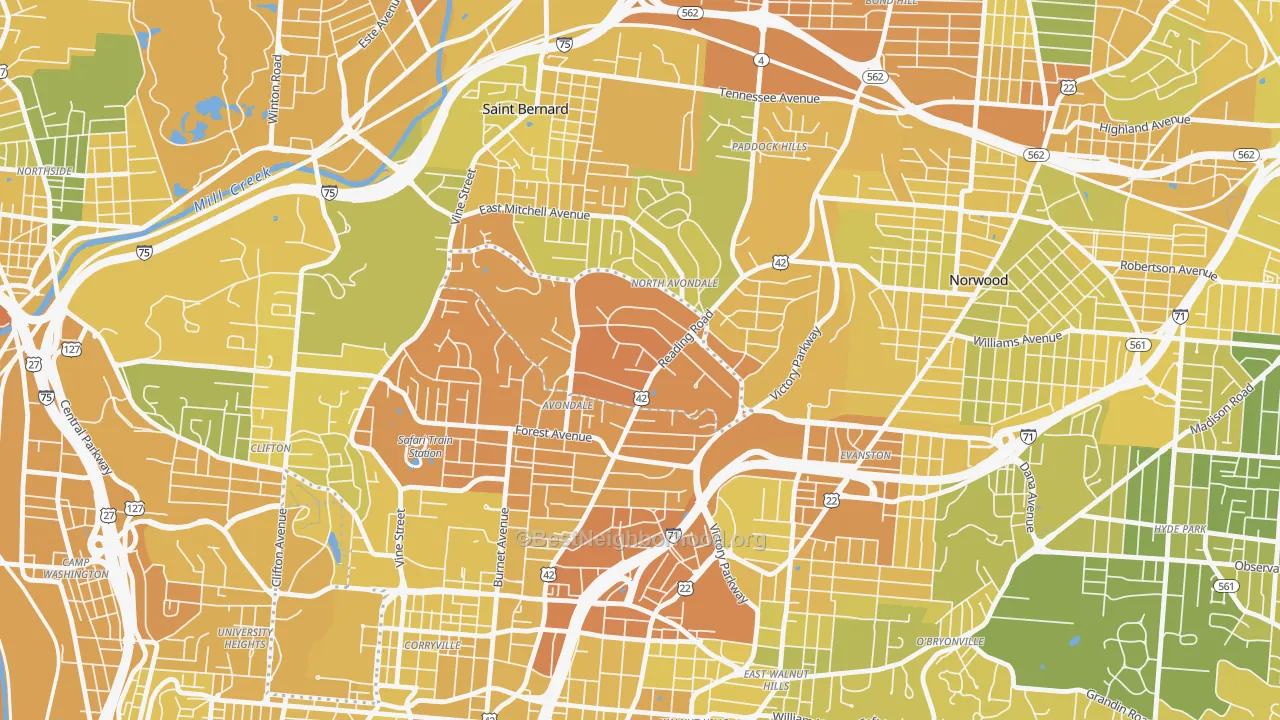 Map of the best neighborhoods in the 45229 area, with better matches in green and worse matches in red