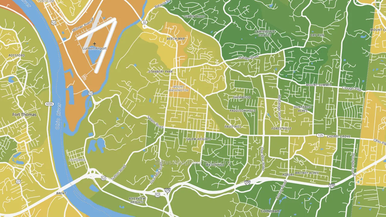 Map of the best neighborhoods in the 45230 area, with better matches in green and worse matches in red