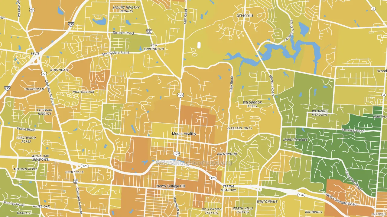 Map of the best neighborhoods in the 45231 area, with better matches in green and worse matches in red