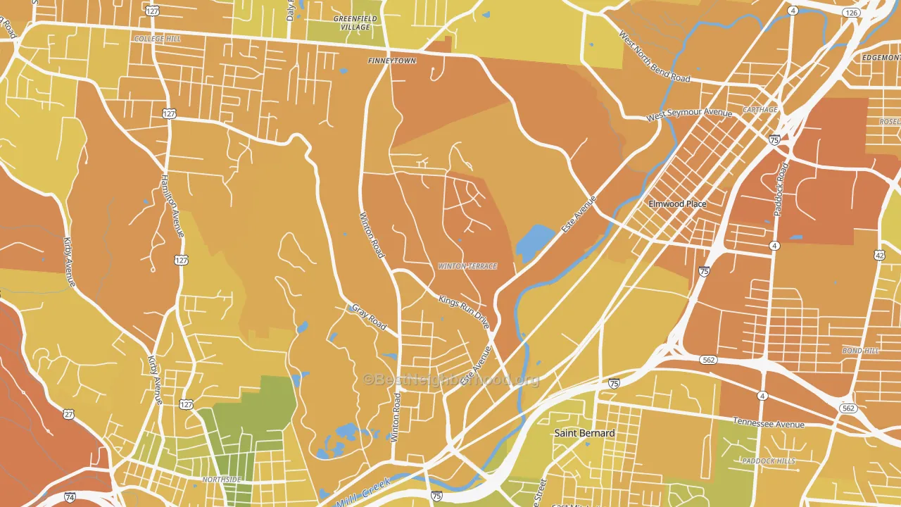 Map of the best neighborhoods in the 45232 area, with better matches in green and worse matches in red