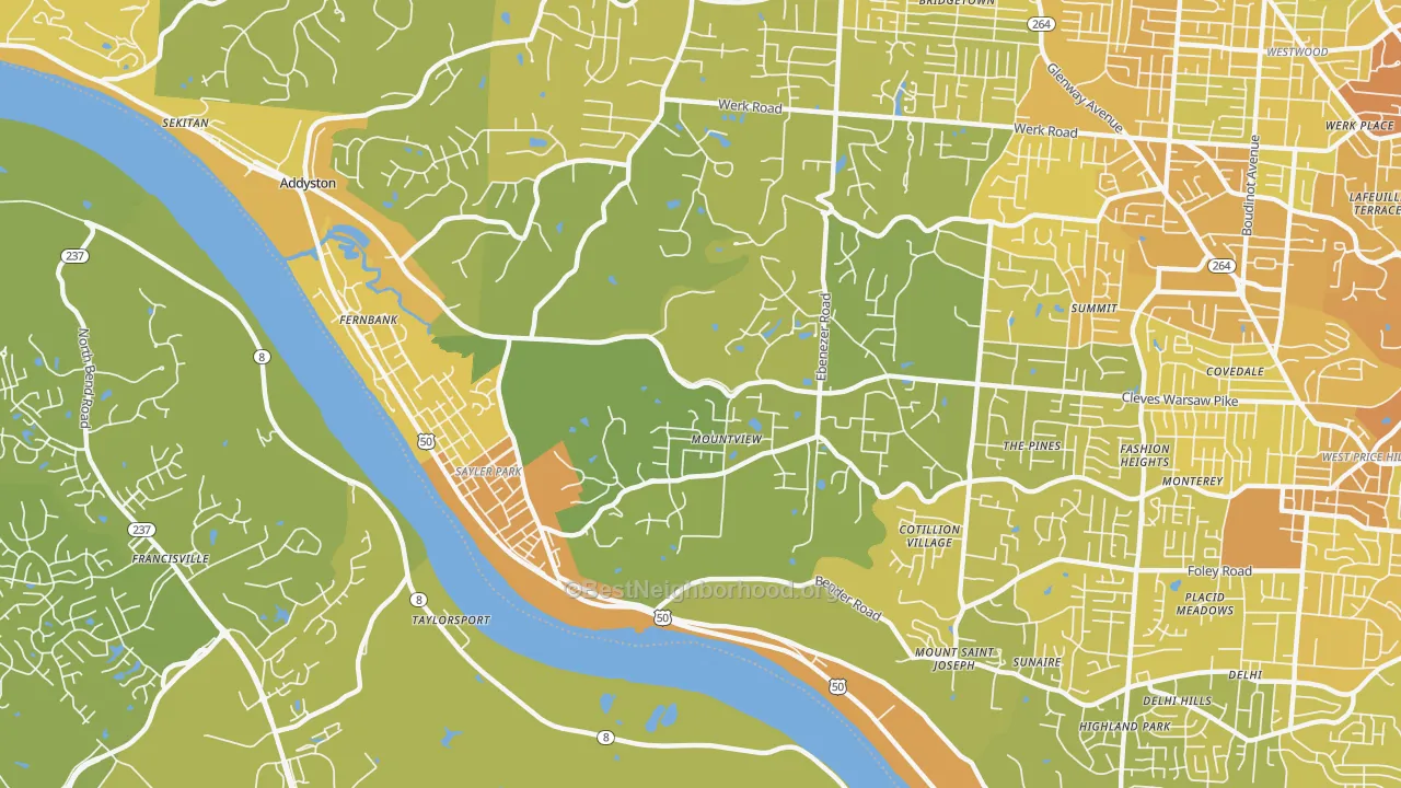 Map of the best neighborhoods in the 45233 area, with better matches in green and worse matches in red
