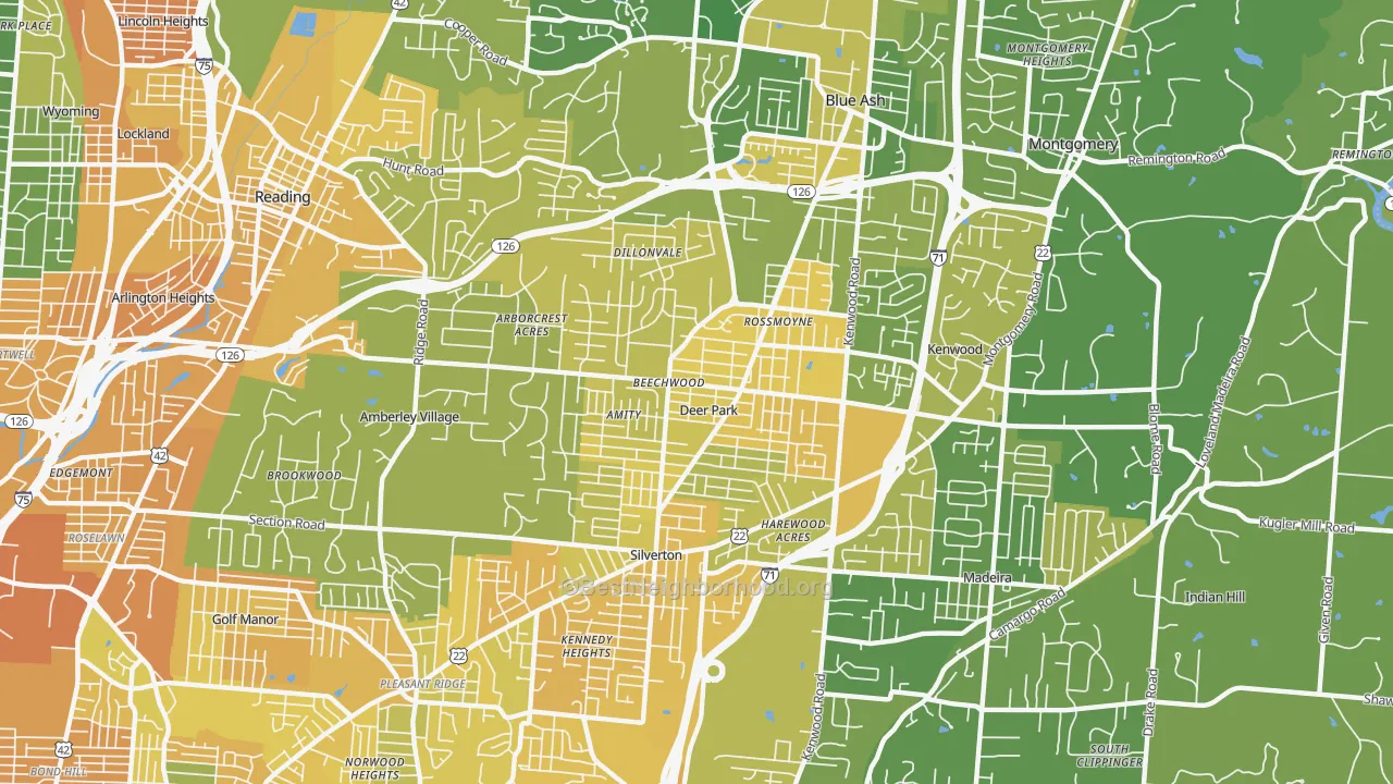 Map of the best neighborhoods in the 45236 area, with better matches in green and worse matches in red