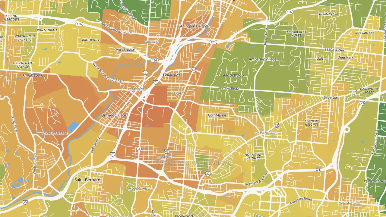 Map of the best neighborhoods in the 45237 area, with better matches in green and worse matches in red