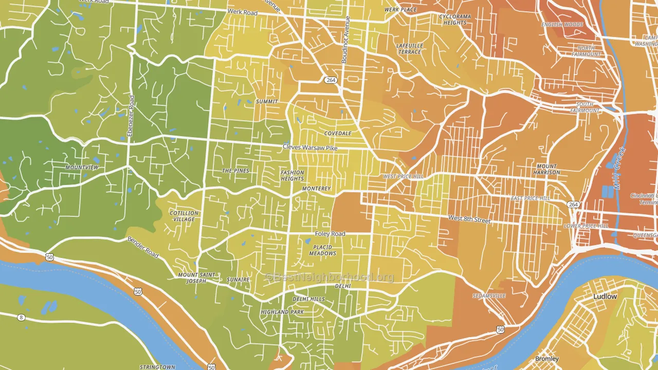 Map of the best neighborhoods in the 45238 area, with better matches in green and worse matches in red
