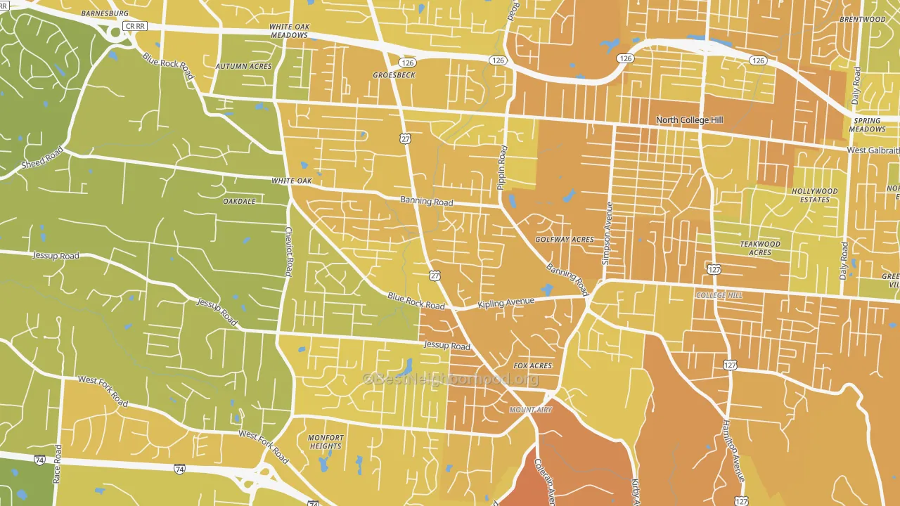 Map of the best neighborhoods in the 45239 area, with better matches in green and worse matches in red