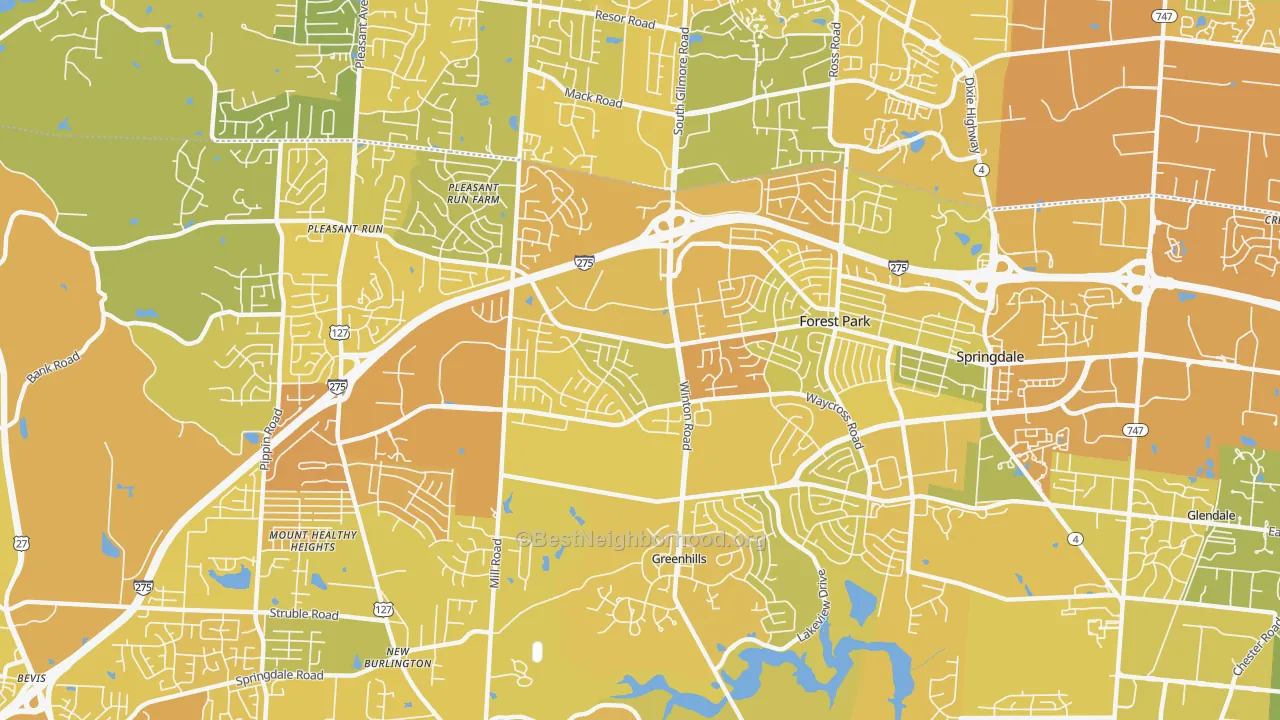 Map of the best neighborhoods in the 45240 area, with better matches in green and worse matches in red