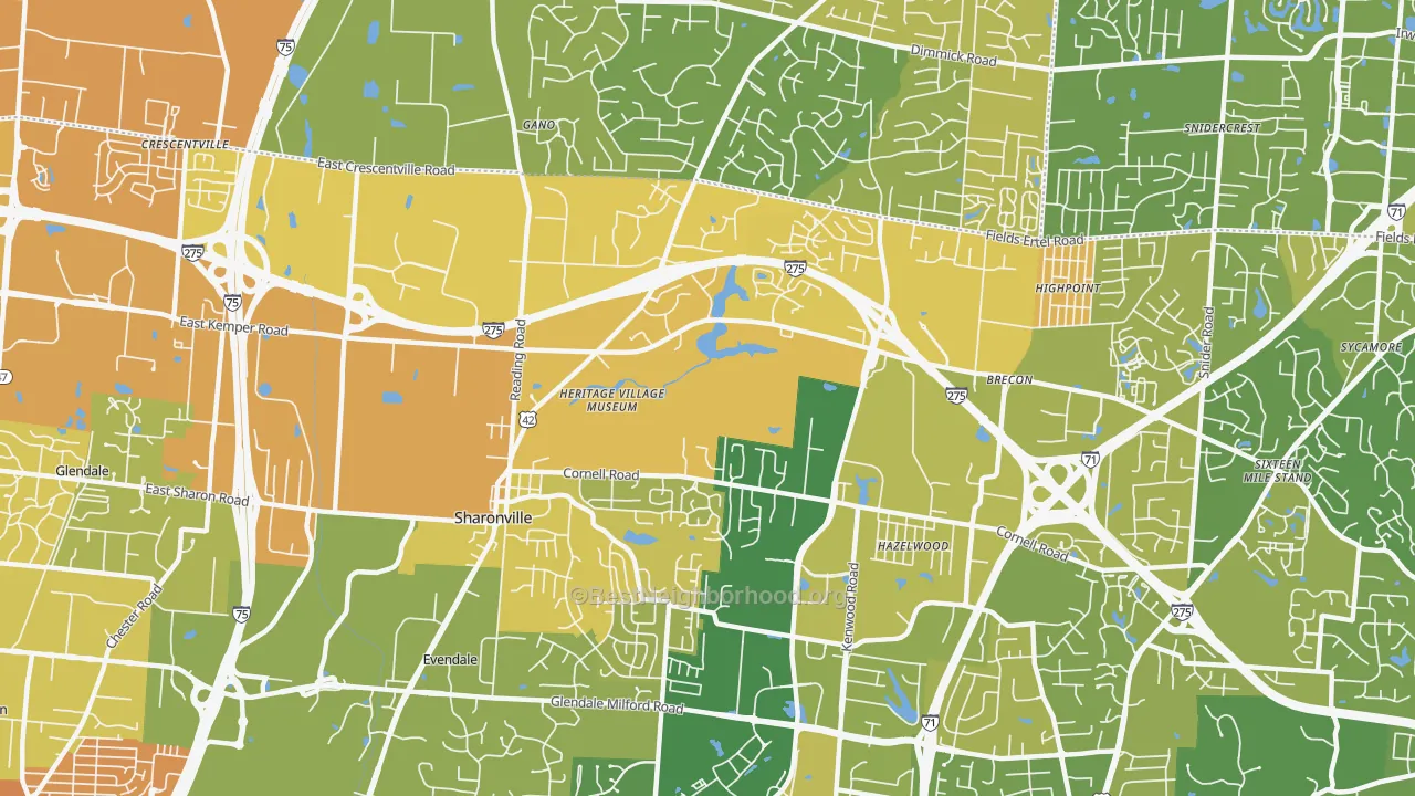 Map of the best neighborhoods in the 45241 area, with better matches in green and worse matches in red