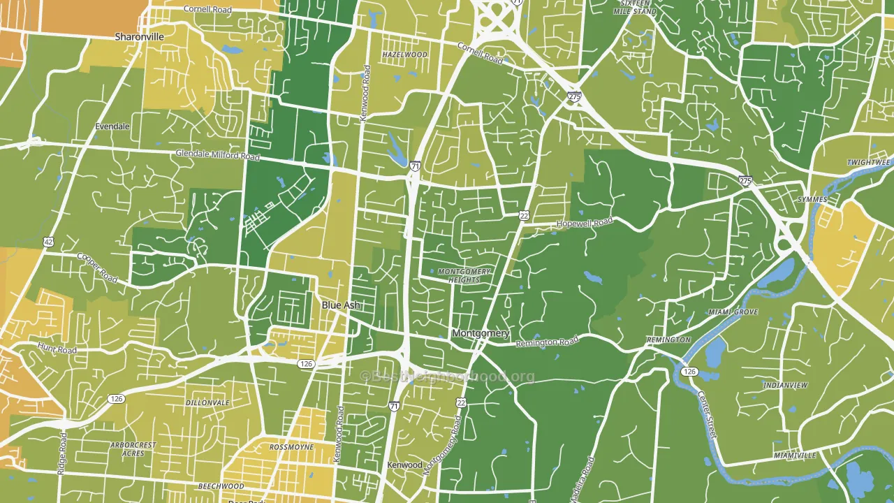 Map of the best neighborhoods in the 45242 area, with better matches in green and worse matches in red