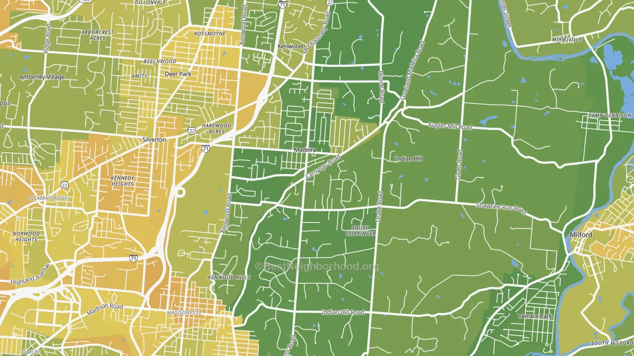 Map of the best neighborhoods in the 45243 area, with better matches in green and worse matches in red