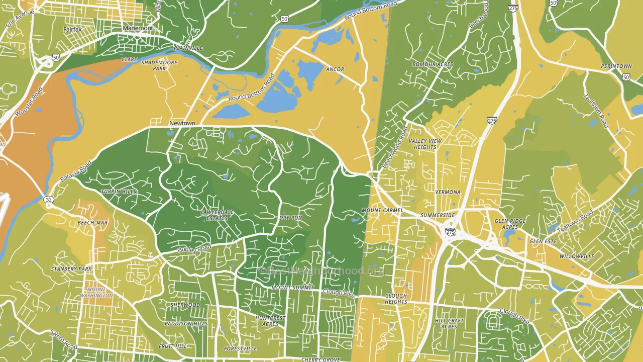 Map of the best neighborhoods in the 45244 area, with better matches in green and worse matches in red