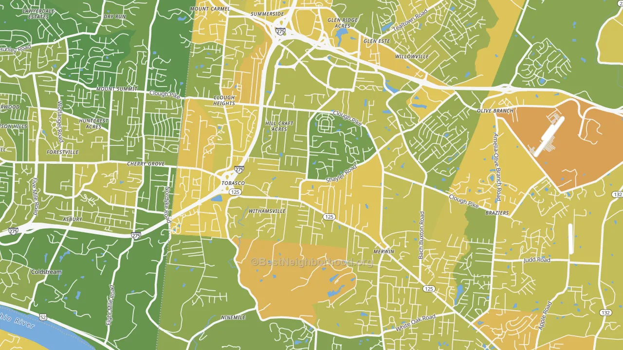Map of the best neighborhoods in the 45245 area, with better matches in green and worse matches in red