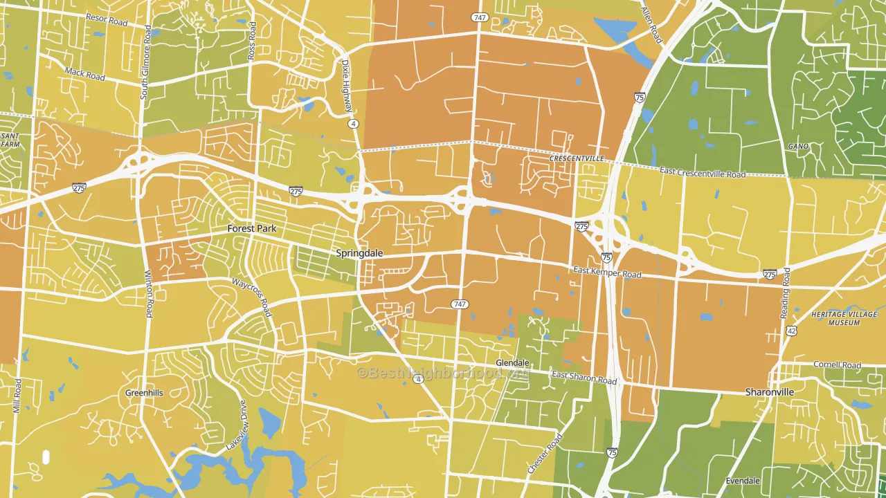 Map of the best neighborhoods in the 45246 area, with better matches in green and worse matches in red