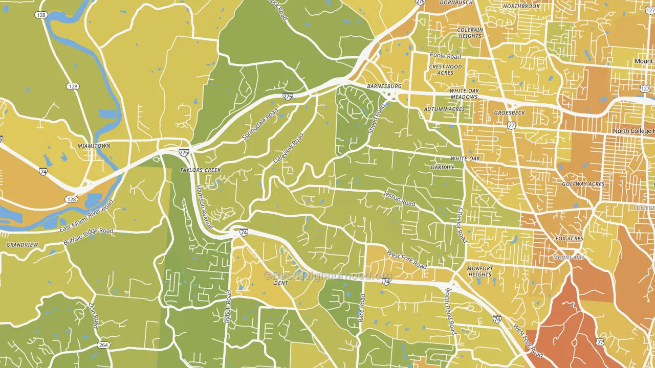 Map of the best neighborhoods in the 45247 area, with better matches in green and worse matches in red
