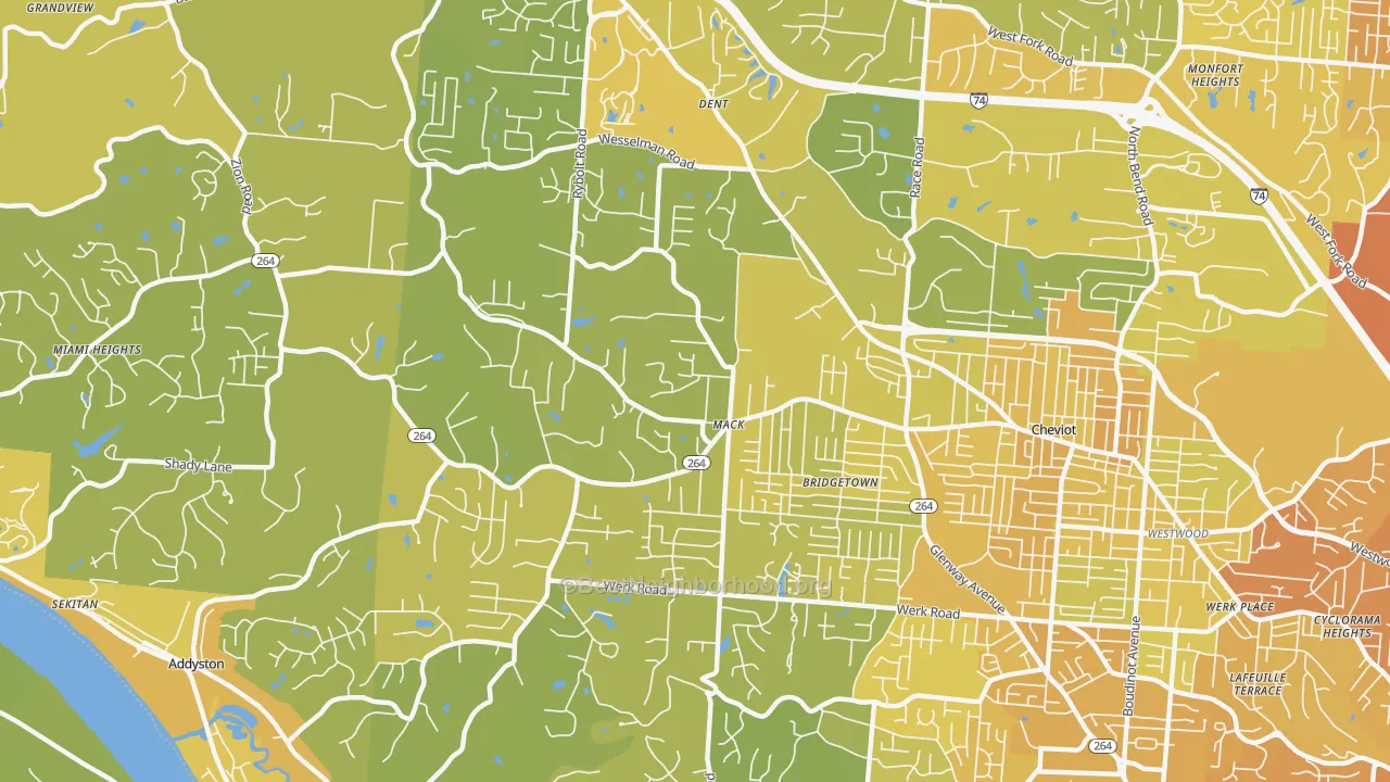 Map of the best neighborhoods in the 45248 area, with better matches in green and worse matches in red