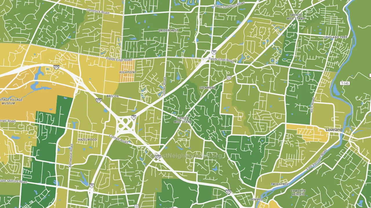 Map of the best neighborhoods in the 45249 area, with better matches in green and worse matches in red