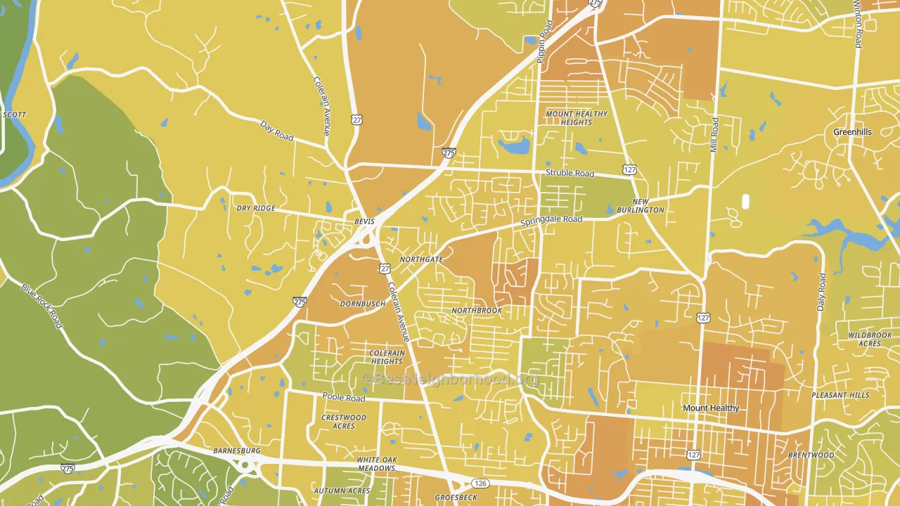 Map of the best neighborhoods in the 45251 area, with better matches in green and worse matches in red