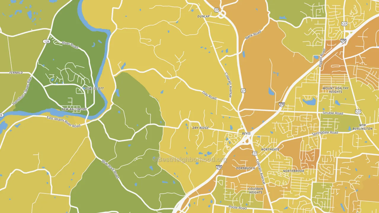 Map of the best neighborhoods in the 45252 area, with better matches in green and worse matches in red